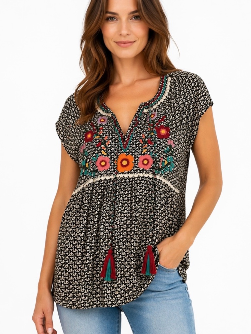THML Boho Embroidered V-Neck Women’s Top - Black with Multicolor Floral Size M